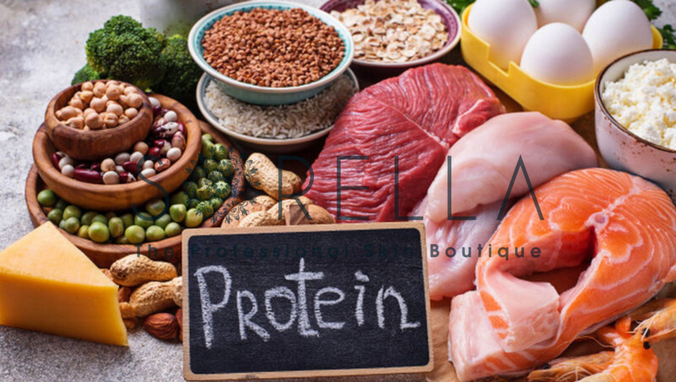 Thực phẩm giàu protein bao gồm: Trứng, hạnh nhân, ức gà, thịt bò nạc, sữa chua Hy Lạp, hạt diêm mạch, đậu lăng, v.v.